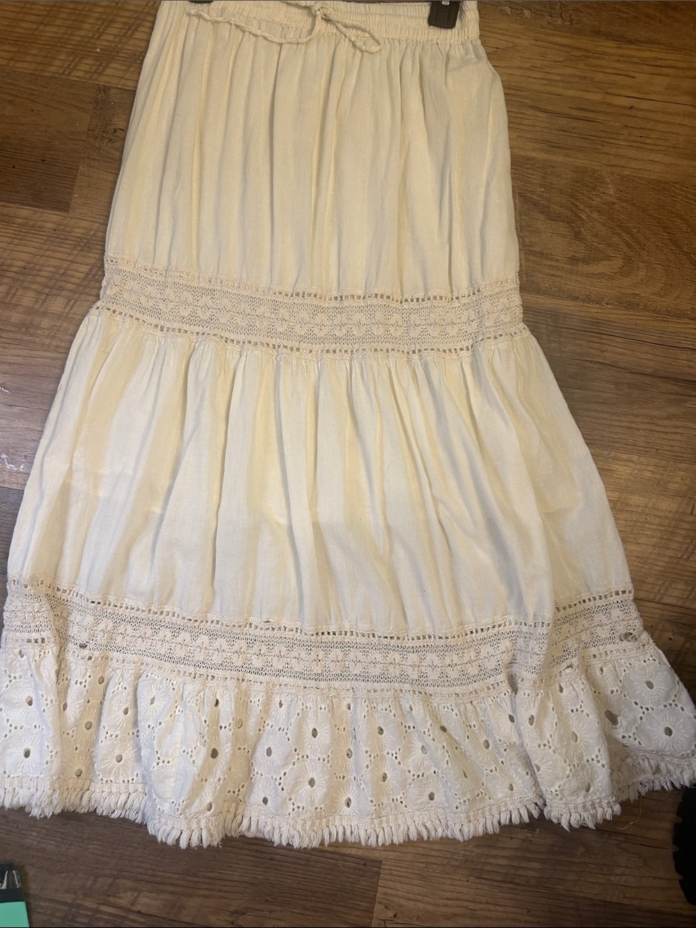 Deja Bleu Bohemian cottagecore Crochet Trim Maxi Skirt in Cream